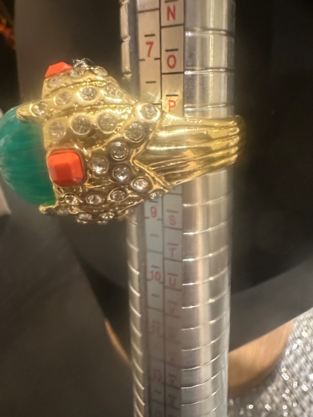 Gold-Tone Green Carved Center Ring with l Accent Stones - Picture 2 of 5